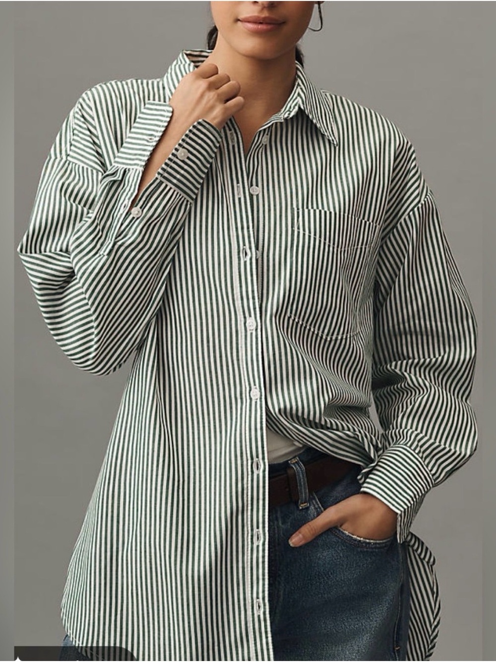Maeve Green and White Vertical-Strip Button Down Shirt